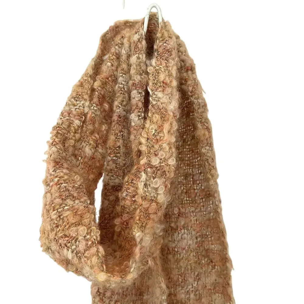 Avoca Ireland Boucle Knit Fringe Scarf Apricot Textured Irish Woven Neutral Wool